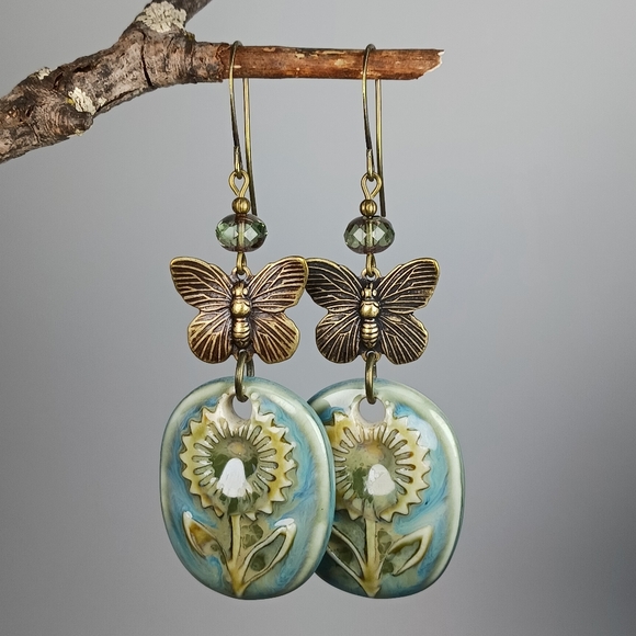 Artisan Jewelry - HAND CRAFTED Boho Ceramic Turquoise Green Flower Butterfly Dangle Earrings